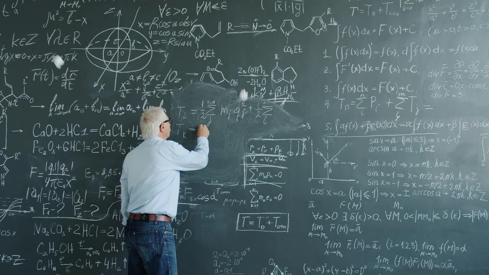 A professor writing complex equations on a blackboard