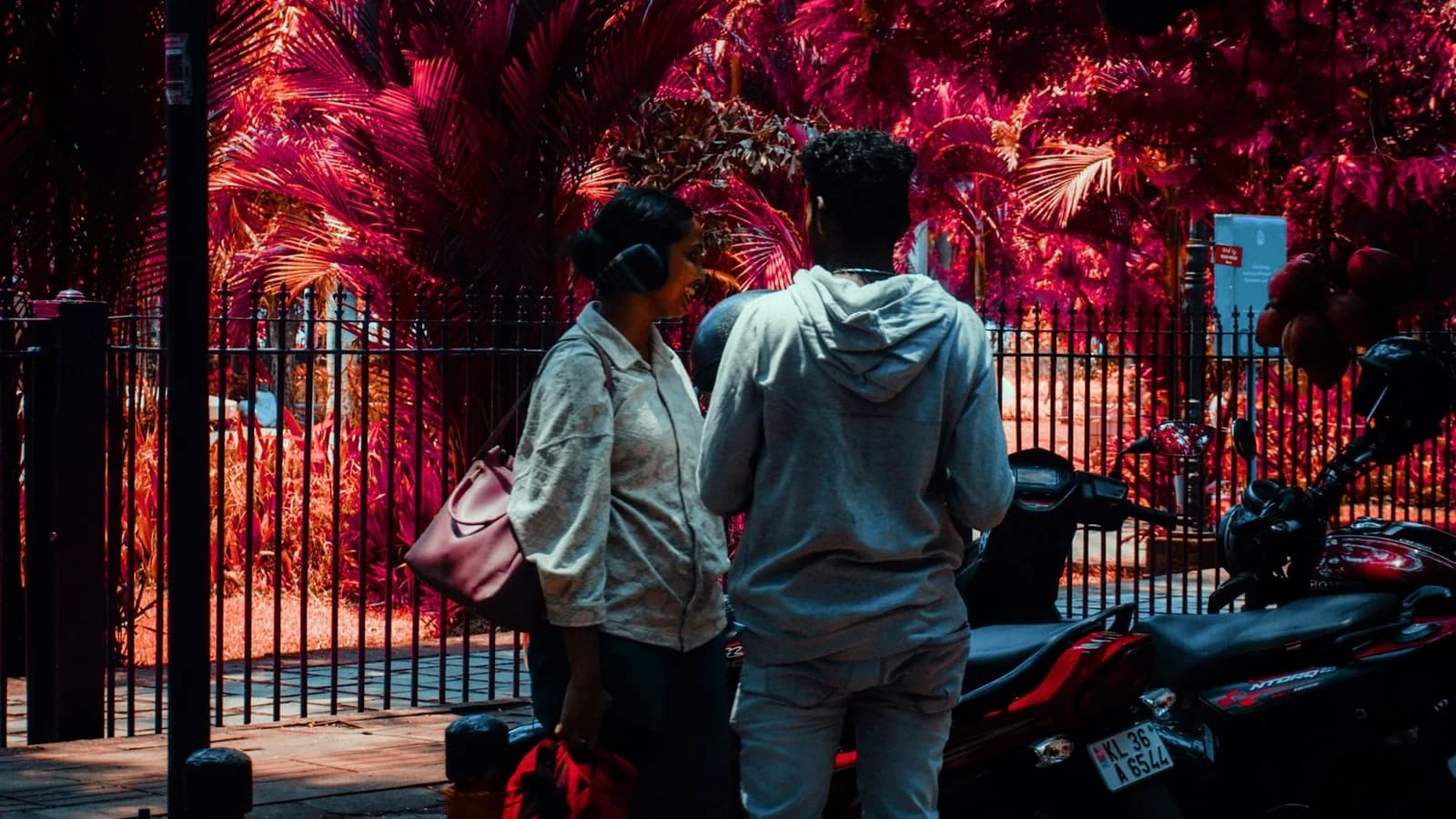 Two people standing outdoors in conversation, surrounded by greenery